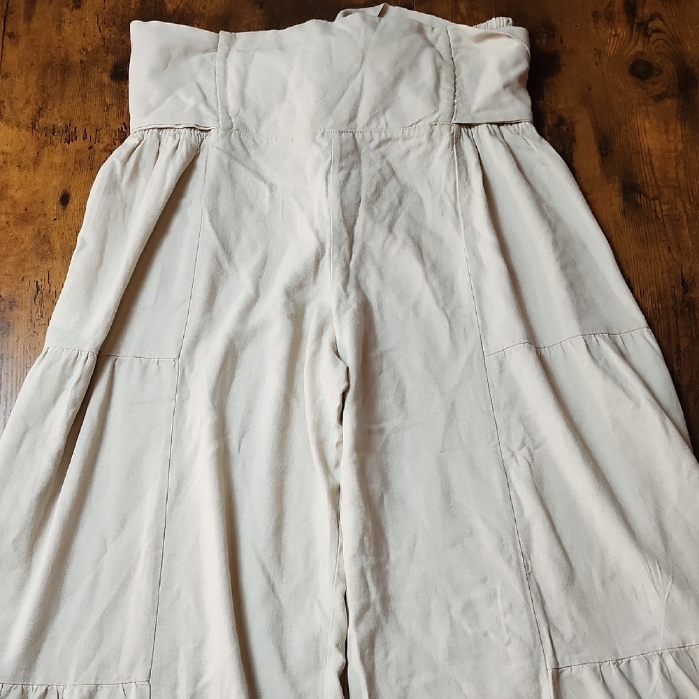 HAPPILY GREY | Beige Rayon Linen Blend Wide-Leg Tie Waist Boho Patch Pants | XL - Picture 7 of 11